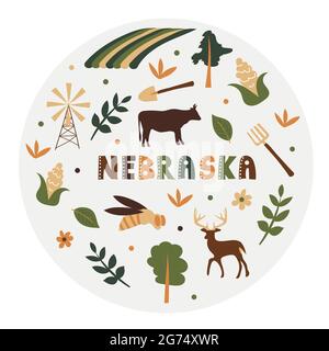 USA Kollektion. Vektordarstellung von Nebraskao. Zustandssymbole - runde Form Stock Vektor