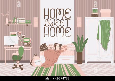 Arbeitsplatz-Interieur mit Slogan Home sweet Home, handgezeichnete Illustration in Cartoon-Flat-Stil. Home Arbeitsplatz niedliches Konzept im skandinavischen Stil. Hori Stock Vektor