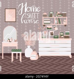 Schlafzimmer, handgezeichneter skandinavischer Stil. Hintergrund mit handgeschriebenem Slogan Home sweet Home. Home Interieur mit Regal, Kommode Tisch und zu Hause Stock Vektor