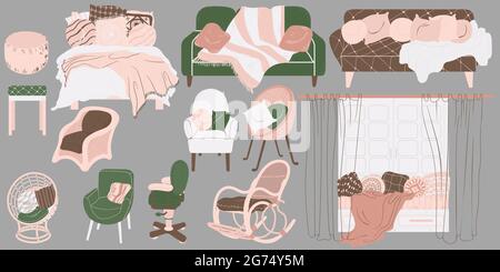 Kollektion von verschiedenen Polstermöbeln im skandinavischen Stil. Handgezeichnete weiche Möbel für Wohnzimmer oder Schlafzimmer im Cartoon-Stil. Stock Vektor