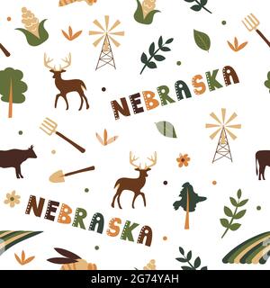 USA Kollektion. Vektor-Illustration von Nebraska Thema. Zustandssymbole – nahtloses Muster Stock Vektor