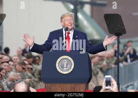 30. Juni 2019-Osan, Südkorea-US-Präsident Donald Trump Rede auf dem Militärflugplatz Osan für ihre Soldaten Treffen Veranstaltung auf dem Militärflugplatz Osan in Osan, Südkorea US-Präsident Donald Trump trifft den nordkoreanischen Leder Kim Jong UN heute im Waffenstillstandsdorf Panmunjom. Stockfoto