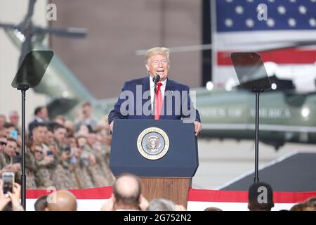 30. Juni 2019-Osan, Südkorea-US-Präsident Donald Trump Rede auf dem Militärflugplatz Osan für ihre Soldaten Treffen Veranstaltung auf dem Militärflugplatz Osan in Osan, Südkorea US-Präsident Donald Trump trifft den nordkoreanischen Leder Kim Jong UN heute im Waffenstillstandsdorf Panmunjom. Stockfoto