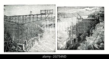 Die 1899 kpation für diese Bilder lautet: „Cantilever Bridge Niagara Falls as in construction for Michigan Central Railroad“. Die Niagara Cantilever Bridge oder Michigan Central Railway Cantilever Bridge war eine Freischwinger-Brücke über die Niagara Gorge. Sie ist eine internationale Eisenbahnbrücke zwischen Kanada und den Vereinigten Staaten, die Niagara Falls, New York, und Niagara Falls, Ontario, südlich der Whirlpool-Brücke, miteinander verband und 1883 für den Verkehr geöffnet wurde. 1925 wurde sie durch die Michigan Central Railway Steel Arch Bridge ersetzt. Stockfoto