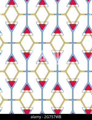 Nahtloses Fruchtgetränk-Muster mit dreieckigen Erdbeeren in Gläsern, Verbindung durch Röhren. Moderner geometrischer Hintergrund. Vektorgrafik „Sommerbeeren frisches Getränk“ Stock Vektor