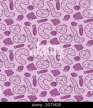 Lila Töne Doodle nahtlose Muster mit Wort cool und unterschiedlich geformte Erdbeeren Vektor-Illustration Stock Vektor