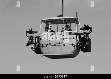 ITV-Filmcrews Filmen Kabelwagen-Szenen auf dem Great Orme Llandudno Wales für Coronation Street Stockfoto