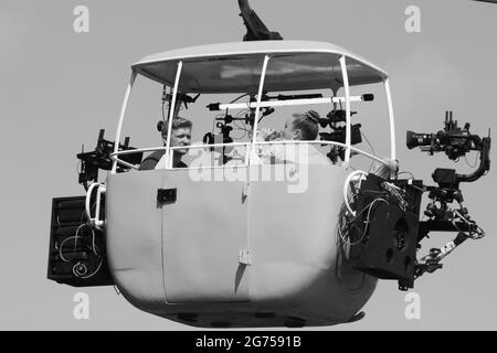 ITV-Filmcrews Filmen Kabelwagen-Szenen auf dem Great Orme Llandudno Wales für Coronation Street Stockfoto