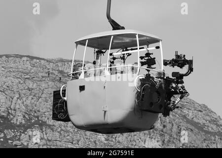 ITV-Filmcrews Filmen Kabelwagen-Szenen auf dem Great Orme Llandudno Wales für Coronation Street Stockfoto