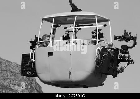 ITV-Filmcrews Filmen Kabelwagen-Szenen auf dem Great Orme Llandudno Wales für Coronation Street Stockfoto