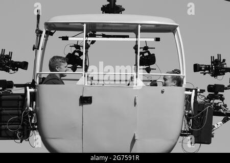 ITV-Filmcrews Filmen Kabelwagen-Szenen auf dem Great Orme Llandudno Wales für Coronation Street Stockfoto