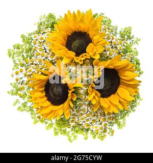 Sonnenblumen-Bouquet auf weißem Hintergrund. Frische Sommerblumen. Blumenarrangement Stockfoto