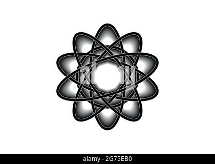 Piktogramm des Atoms. Logo-Vorlage mit schwarzer Linie im keltischen Knoten-Stil auf weißem Hintergrund. Tribal-Symbol in kreisförmiger Mandala-Form. Tattoo Schild Ornament el Stock Vektor