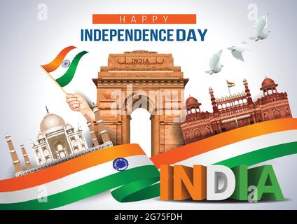 Alles gute zum Unabhängigkeitstag Indien, 15. august. Indisches Denkmal und Wahrzeichen mit Hintergrund, Poster, Karte, Banner. vektor-Illustration Design Stock Vektor