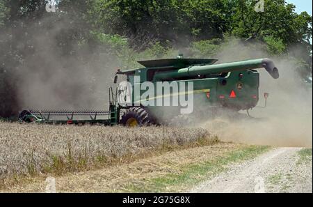 Ein S770 John Deere kombiniert mit einem 735FD-Schneidkopf, der vorne angebracht ist, und schneidet ein 20 Hektar hartes rotes Winterweizen in Americus Stockfoto