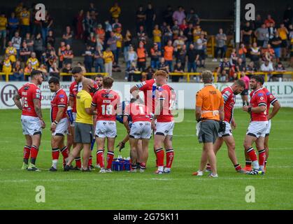 Castleford, Großbritannien. Juli 2021. Salford nach einem Versuch während des Betfred Super League-Spiels zwischen Castleford Tigers V Salford Red Devils am 11. Juli 2021 beim „Mend A Hose Jungle“ in Castleford, West Yorkshire. Kredit: Craig Cresswell/Alamy Live Nachrichten Stockfoto