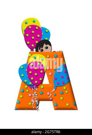 Der Buchstabe A, im Alphabet-Set Preparing to Party, ist mit Luftballons und Polka-Punkten gefüllt. Boy hält Cluster von Ballons und Wellen. Stockfoto