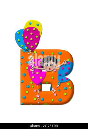 Der Buchstabe B, im Alphabet-Set Preparing to Party, ist mit Luftballons und Polka-Punkten gefüllt. Boy hält Cluster von Ballons und Wellen. Stockfoto