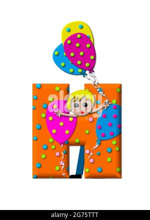 Der Buchstabe H, im Alphabet-Set Preparing to Party, ist mit Luftballons und Polka-Punkten gefüllt. Boy hält Cluster von Ballons und Wellen. Stockfoto