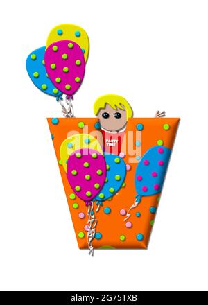 Der Buchstabe V, im Alphabet-Set Preparing to Party, ist mit Luftballons und Polka-Punkten gefüllt. Boy hält Cluster von Ballons und Wellen. Stockfoto