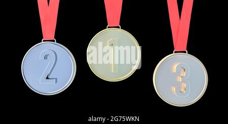 Medaillen-Set. Sportmeister und Siegerprämien, Gold, Silber und Bronze, mit roten Bändern auf schwarzem Hintergrund. Wettbewerb, Trophäe auf dem ersten Platz, Stockfoto