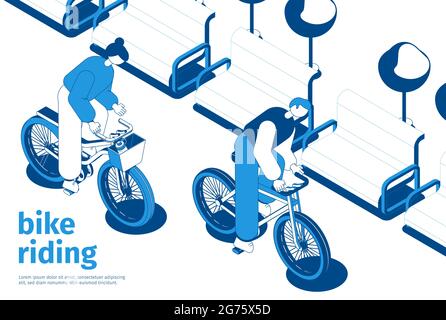 Zwei Personen fahren Fahrräder im Park mit Bänken und Bäumen auf dem Hintergrund 3d blau und weiß isometrische Vektor-Illustration Stock Vektor