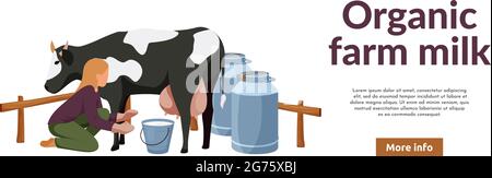 Bio Bauernhof flachen Hintergrund mit Bildern von Frau Melkkuh bearbeitbaren Text und mehr Info-Taste Vektor Illustration Stock Vektor