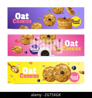 Set aus drei realistischen Hafercookies, horizontalen Bannern mit editierbarem Markentext und Biscuit-Bildern, Vektorgrafik Stock Vektor