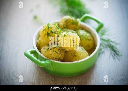 Gekochte Kartoffeln mit Butter und frischem Dill in einer Schüssel auf einem Holztisch Stockfoto