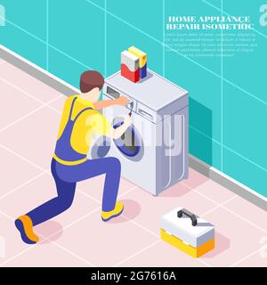 Mann von zu Hause Reparatur Service Befestigung Waschmaschine isometrischen Hintergrund 3d-Vektor-Illustration Stock Vektor