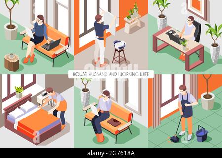 Isometrischer Hintergrund mit Frau, die am Computer und Hausmann waschen Wischboden macht Bett 3d isoliert Vektor-Illustration Stock Vektor
