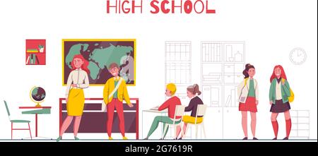 High School College Unterricht Klassenzimmer Karte Globus Studenten am Schreibtisch Jugendliche reden flach horizontale Komposition Vektor Illustration Stock Vektor