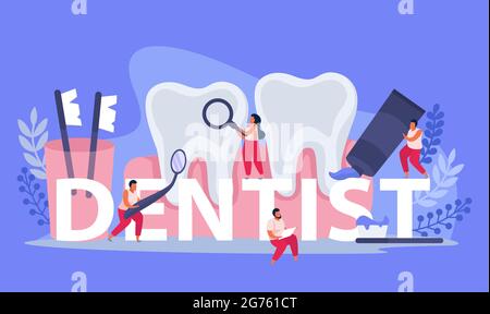 Zahngesundheit flache Zusammensetzung mit Text umgeben von Doodle menschlichen Charakteren und Instrumenten mit Zahn Bilder Vektor-Illustration Stock Vektor