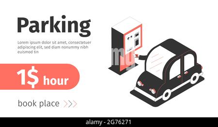 Parken horizontales Banner mit Textbuch Platz Taste und isometrische Bilder des Autos mit Ticket-Maschine Vektor-Illustration Stock Vektor