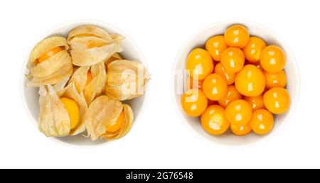 Kap-Stachelbeeren, mit und ohne Kelch, in weißen Schalen. Frische Früchte von Physalis peruviana, auch golden, inka- und gemahlene Beere, uchuva und poha. Stockfoto