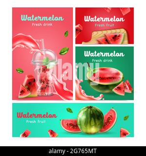 Frische Früchte und Getränke von Wassermelone realistische Banner mit realistischen Bildern von roten reifen leckeren Beeren Vektor-Illustration gesetzt Stock Vektor