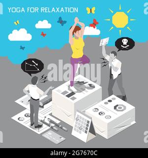Stressbewältigung Zusammensetzung mit Yoga für Entspannung Symbole isometrische Vektor-Illustration Stock Vektor