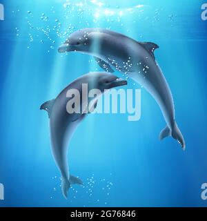 Delphin im Meer realistische und farbige Zusammensetzung zwei Delfine schwimmen unter Wasser und Sonnenroyes brechen durch Wasser Vektor-Illustration Stock Vektor