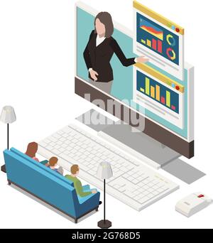 Online-Präsentation Remote-Arbeit Komposition mit Mitarbeitern sitzen auf dem Sofa zu Hause mit Desktop-Computer Vektor-Illustration Stock Vektor