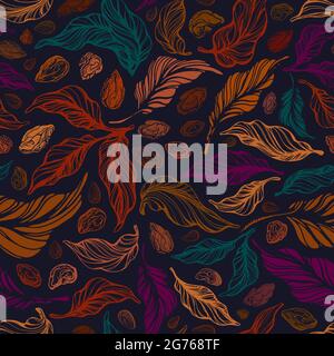 Nahtloses Vintage-Muster. Vektor Farbe Textur Herbst Laub. Handgezeichneter Hintergrund. Nüsse, abstrakter Samen, goldenes Blatt. Alter Wald. Grafische Darstellung Stock Vektor