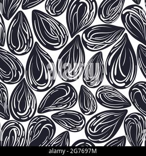 Nahtloses Vektormuster. Seemuschel, schwarzer Samen, abstraktes Korn. Handgezeichnete Skizze, schwarze Illustration auf weißem Hintergrund. Mit Müsli-Grafikdruck. Mari Stock Vektor