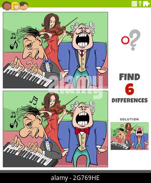 Cartoon Illustration der Suche nach den Unterschieden zwischen Bildern pädagogische Spiel mit Musikern Gruppe Stock Vektor