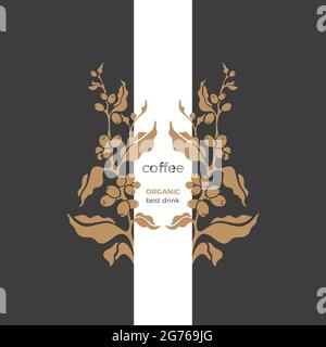 Vector Kaffeepflanze. Kunstrahmen, einfaches Symbol, Natur-Logo auf schwarzem Hintergrund. Goldene Ast-Form, Aroma-Bohne, goldene Blätter. Bio-Karte, vinta Stock Vektor
