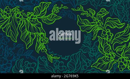 Kaffeepflanze. Vektorgrün Hintergrund. Illustration der Art-Linie. Tropischer Baum, Aromabohne, Blätter. Frische Farmplantage. Aroma arabica, Robusta. Nacht Stock Vektor