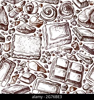 Schokoladenset. Vektor nahtlose Hand zeichnen Muster. Natürliche dunkle Kakaogerichte. Süße Süßigkeiten. Kunst alte Textur Illustration auf weißem Hintergrund. Grafik-sket Stock Vektor