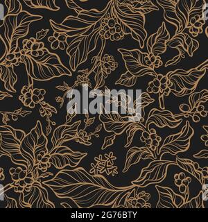 Vektor Vintage nahtloses Muster. Naturbaum, Kaffeezweig, Blatt, Bohne, Blume. Kunst handgezeichnetes Design, goldene Flora auf schwarzem Hintergrund, Laub, alt Stock Vektor