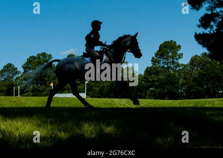 Raeford, North Carolina, USA. Juli 2021. Ein Pferd und ein Reiter werden beim Cross Country der war Horse Event Series 2021, Juli 11, im Carolina Horse Park in Raeford, N.C. im Schatten gestellt Die 2013 als Cabin Branch Event Series gegründete war Horse Event Series besteht aus fünf Pferdeversuchen und kombinierten Tests und zieht Reiter und ihre Pferde aus dem gesamten Osten der Vereinigten Staaten an. Quelle: Timothy L. Hale/ZUMA Wire/Alamy Live News Stockfoto