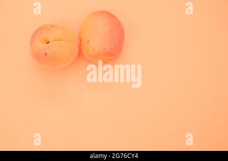 Eine Draufsicht auf zwei süße reife orangene Aprikosen auf einem isolierten pastellorangenen Hintergrund Stockfoto