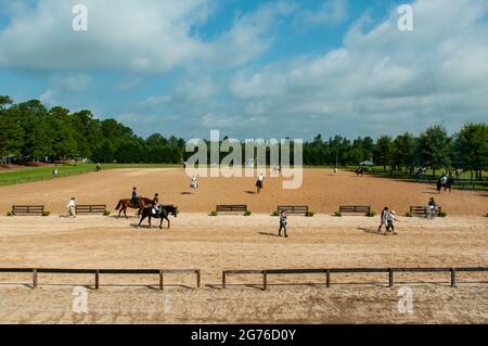 Raeford, North Carolina, USA. Juli 2021. Reiter und Pferde wärmen sich für die Dressur bei der war Horse Event Series 2021, Juli 11, im Carolina Horse Park in Raeford, N.C. auf Die 2013 als Cabin Branch Event Series gegründete war Horse Event Series besteht aus fünf Pferdeversuchen und kombinierten Tests und zieht Reiter und ihre Pferde aus dem gesamten Osten der Vereinigten Staaten an. Quelle: Timothy L. Hale/ZUMA Wire/Alamy Live News Stockfoto