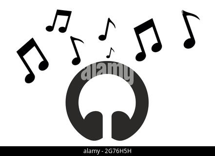 Schwarze Notizen um Kopfhörer auf weißem Hintergrund Stockfoto